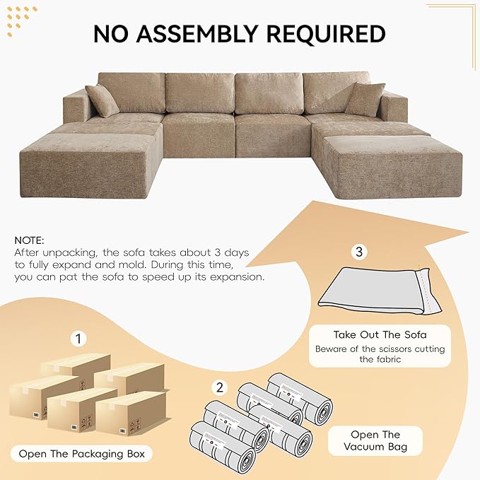146'' Oversized Boneless Sofa Bed, 4 Seater Modular Sectional Couch with 4 Movealbe Ottoman, No Asswmbly Chenille Compression Sofas with Chaise for Home House, Camel