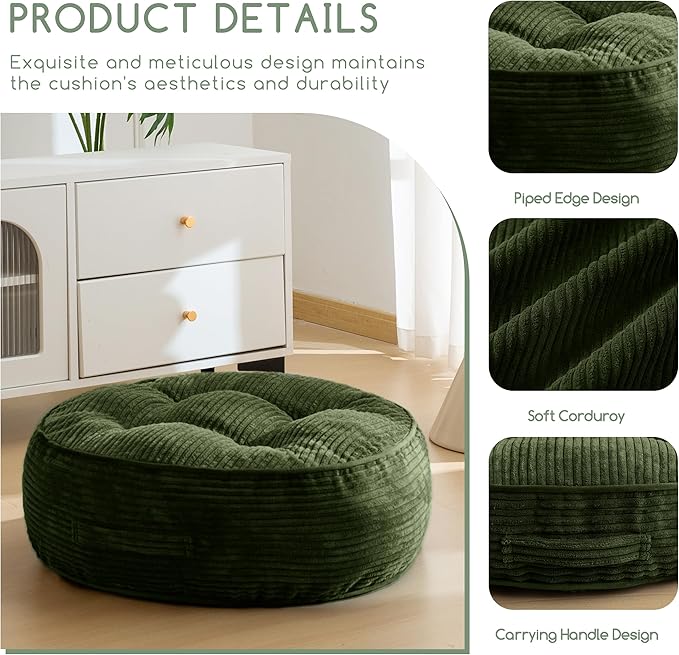 8" Washable Floor Pillow Cushion for Adults, Meditation Cushion Pillow, Large Round Floor Sitting, Removable Tufted Corduroy Cover, for Tatami Living Room or Yoga, 22x22 Inch, Machine Washable