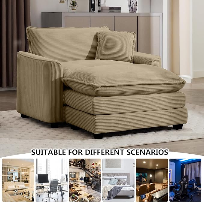Aoowow Corduroy Large Armchair with Ottoman,Oversized Single Sofa Chair with Ottoman,Single Seat Cloud Sofas Couches for Living Room,Tufted Indoor Chaise Lounge Chair (Tan, Sofa Chair + Ottoman)