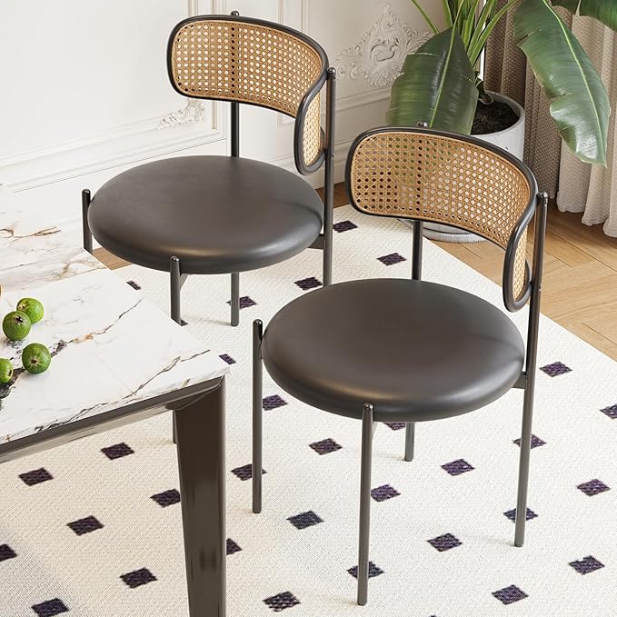 Farini Dining Chairs Set of 2, PU Leather Upholstered Seat with Woven Rattan Back, Sturdy Metal Legs Modern Side Chairs for Kitchen Living Room Restaurant, Black