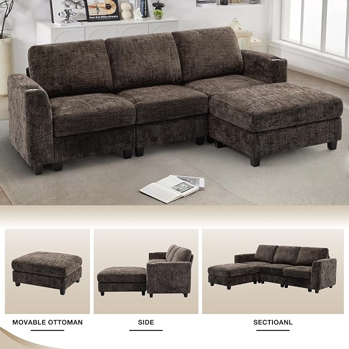 Lesofair 87" Convertible L-Shape Couch with Flexible Ottoman, Soft Sectional Sofa with 2 Built-in Cup Holders, Chenille 3 Seats Sofa with Well-Filled Back Cushions for Living Room, House, Brown