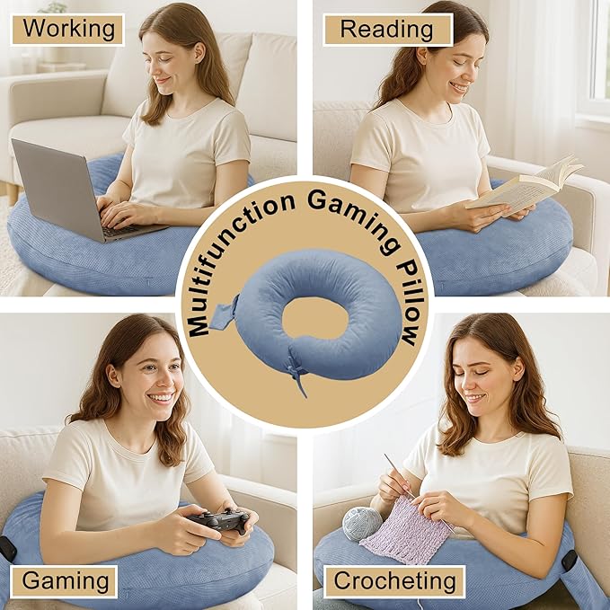 DWCN Reading Pillow for Gaming, Gaming Pillow for Lap Support with Side Pocket & Back Strap for Bed, Sofa, Floor - Arm Rest Pillow for Playing, Working, Sitting, Crocheting (Blue)