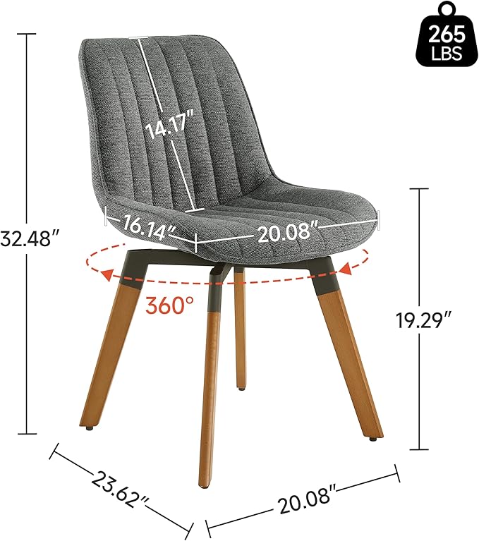 Art Leon Dining Chairs Set of 4, Mid Century Modern Swivel Dining Room Chairs, Fabric Upholstered Armless Side Chairs with Wood Legs for Kitchen Living Room Bedroom, Dark Gray