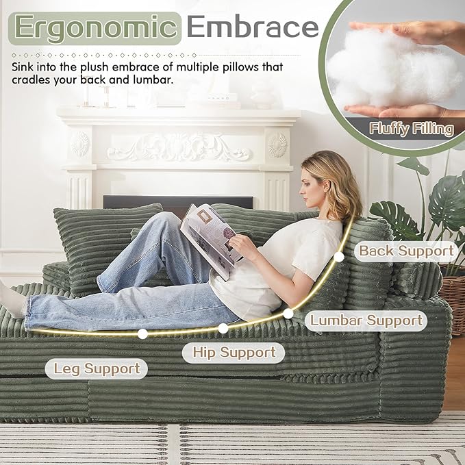 Antetek Chaise Lounge Chair Indoor, Convertible Folding Futon Sofa Bed w/ 5 Pillows, Fluffy Corduroy Boneless Compressed Memory Foam Couch for Living Room, Bedroom (Green, Left Half)