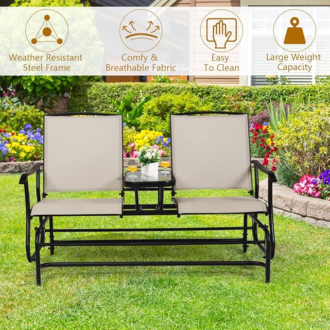 S AFSTAR 2-Person Outdoor Glider, Patio Glider Bench Chairs with Center Tempered Glass Table & Breathable Loveseat, Double Swing Glider Chair for Porch Garden Poolside Balcony Lawn (Beige)