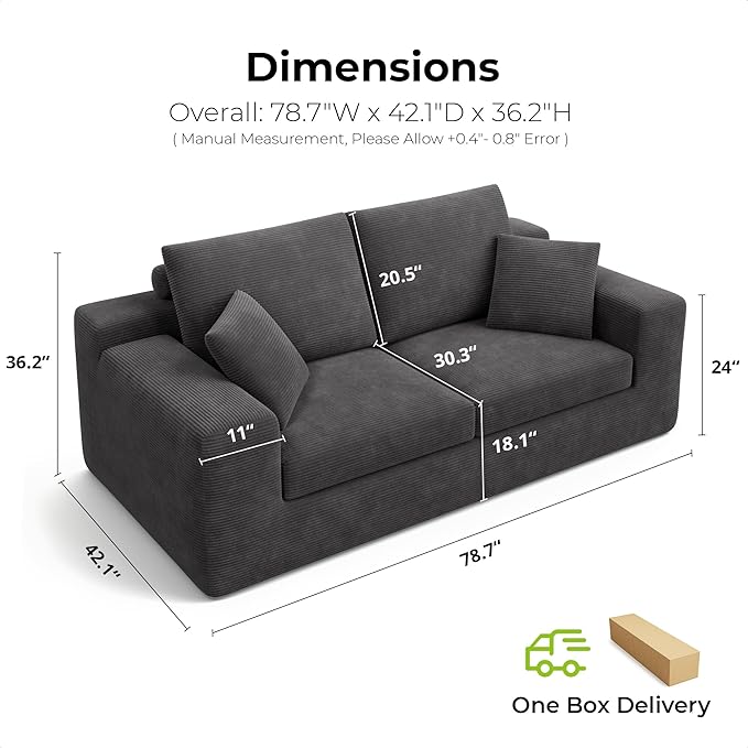 LIKIMIO 78" Loveseat Sofa in a Box, Cloud Boneless Couch with Comfy Deep Seat, No Assembly Required, Modern Upholstered Corduroy Sofa for Living Room, Apartment, Home Office, Dark Grey
