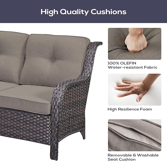 Belord Outdoor Patio Furniture Set with 50000BTU Propane Fire Pit Table, 4 Pieces Wicker Patio Conversation Set with 2 Swivel Rocker Glider Chairs Rattan Sofa Grey Cushion Perfect for Gathering