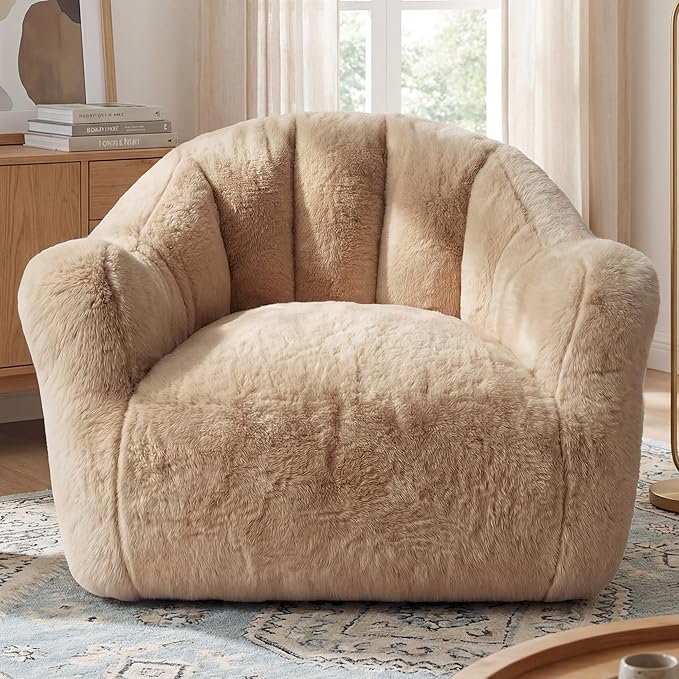 Homkdom Bean Bag Chair, Giant Bean Bag Chair for Adults, Shell-Shaped Bean Bag Couch with Armrests & Side Pockets, Comfy Beanbag Lazy Couch Reading Chair for Bedroom, Living Room, Khaki