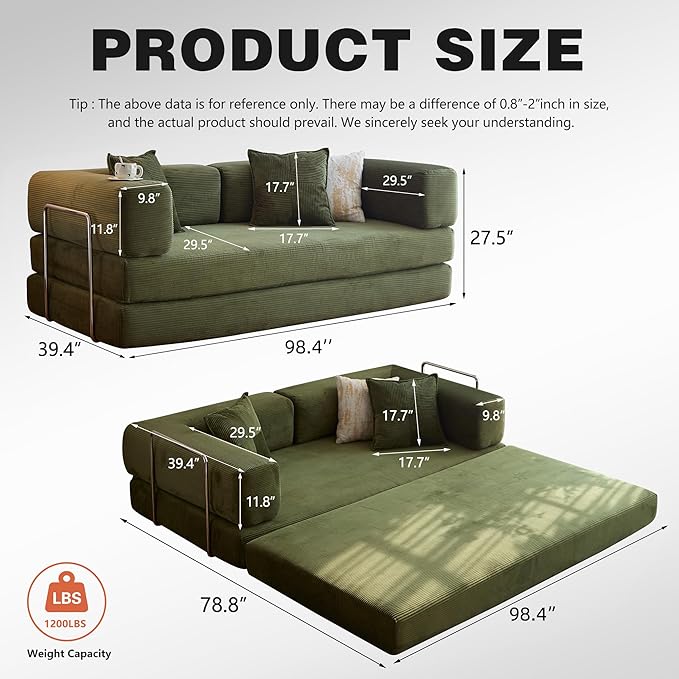 LIAROO 98.4" Convertible Sofa Bed - Compression Sofa with Corduroy Fabric - with Armrests and Backrest - Modular Sectional for Living Room, Bedroom, Studio - Compression Sofa in Box (Green)