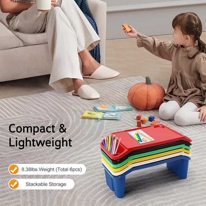 6 Pcs Kids Lap Desk Tray, Plastic Breakfast Lap Desk Trays with Storage Slots, Portable Stackable Lap Tray Tables for Writing Drawing Classroom, 19.69" L x 9.84" W x 7.1" H (Multi-Color Style 1)