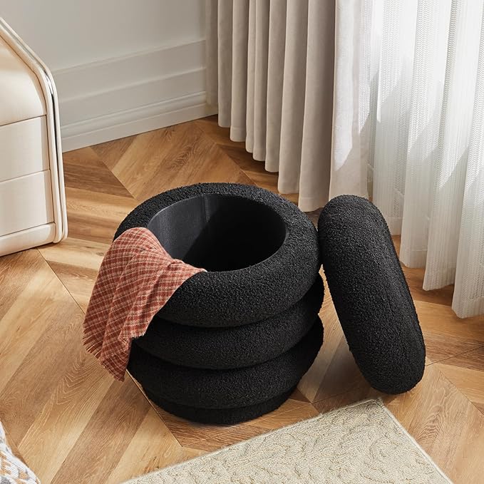 17.5'' Round Ottoman Foot Stool Fabric Storage Footrest Vanity Stool Chair, Modern Sherpa Upholstered Padded Seat with Lid for Living Room/Bedroom/Small Space/Make Up, Black