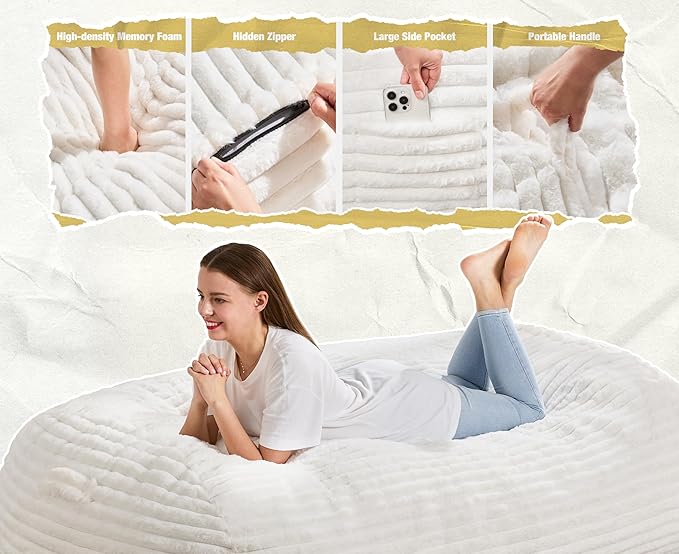 Hobestluk 5FT Bean Bag Chairs Adult Bean Bag with Portable Handle Comfy Large Bean Bag Lounge Chair with Removable Cover for Living Room Bedroom (Stripe White, 5FT)