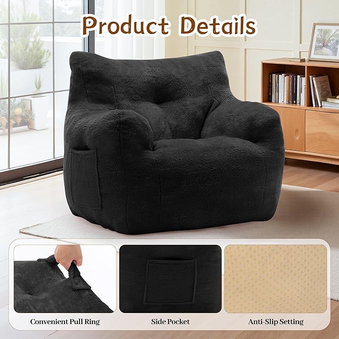 Bean Bag Chair for Adults and Kids, Small Comfy Bean Bag Lounge Floor Sofa Reading Chair with Armrests, Mini Cloud Sofa for Living Room, Bedroom and Game Room, Plush Chair with Memory Foam