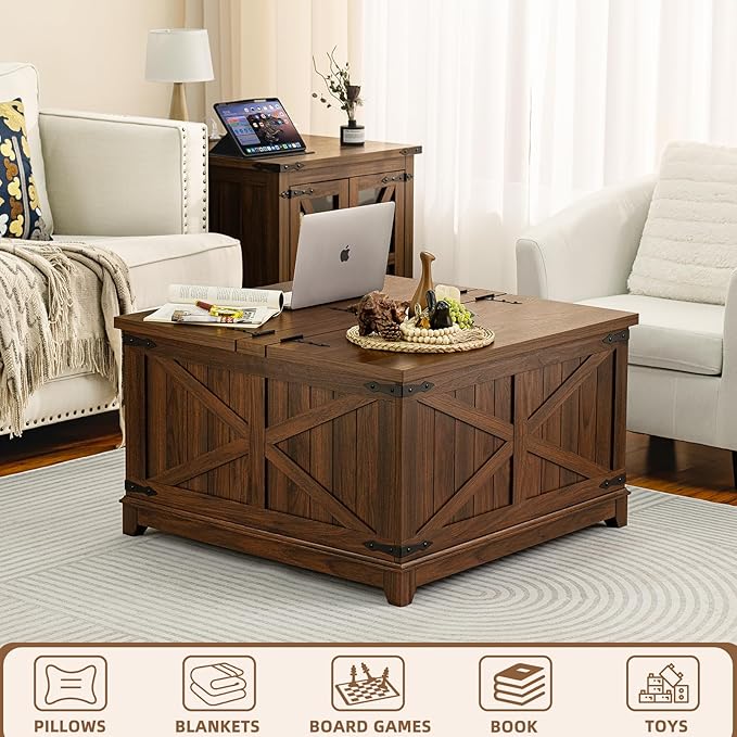 Joaxswe Farmhouse Coffee Table Set, 3 Pieces: Large End Side Tables with Charging Station and Coffee Table with Hidden Storage Compartment, Brown Wood Furniture Sets for Home Office