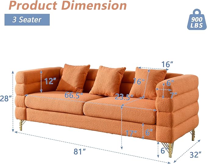 mikibama Modern Teddy Sectional Sofa, 81 Inch Oversized Sofa Couch, Luxury 3 Seater Deep Couch with 3 Pillows and Gold Metal Legs for Living Room, Bedroom, Apartment (Orange)