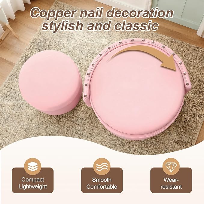 Rolling Round Vanity Chair with Storage, Swivel Makeup Chair with Folding Back, PU Leather Small Upholstered Ottoman for Bedroom Living Room