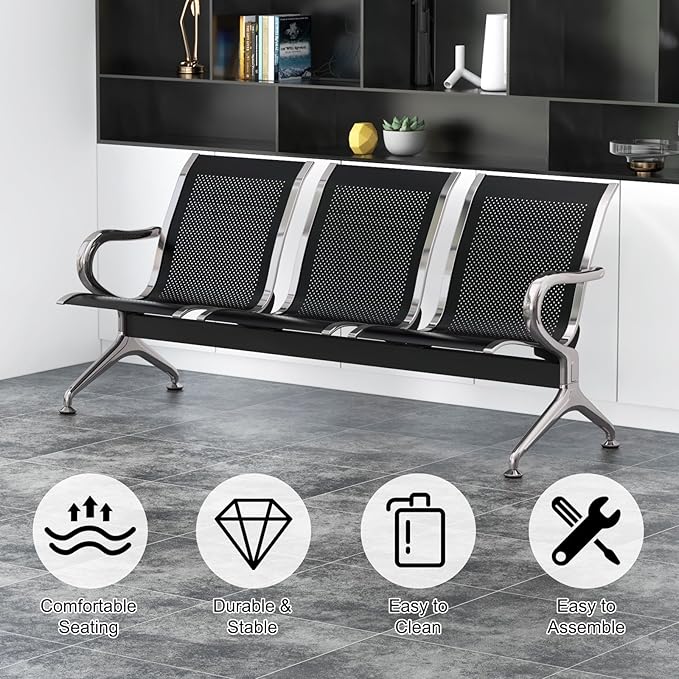 Kinfant 3-Seat Waiting Room Chairs Set - Office Guest Reception Seat Bench with Arms for Airport, Hospital, Bank, Salon, Barbershop, Hall, Room Conference(Black Mesh, Set of 3)