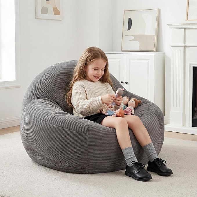 3 Feet Bean Bag Chair, BeanBag Chair for Teens & Youth, Bean Bag Couch with High-Density Foam Filler, Faux Fur Fabric, Living Room, Bedroom, Game Room, Dorm, Office ( Light Gray, 33.5"Dx33"Wx24"H )