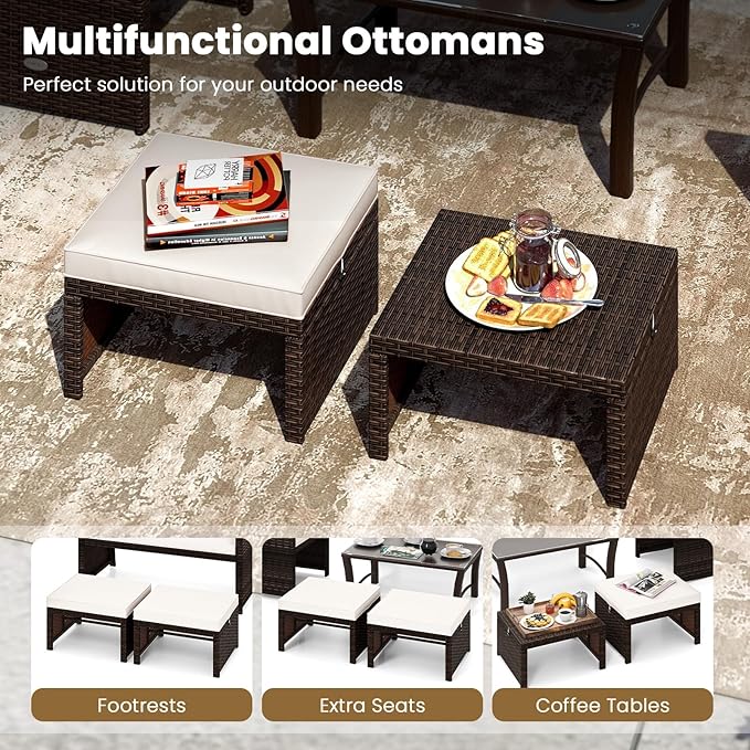 Tangkula 6 Pieces Patio Furniture Set, Outdoor Sectional Conversation PE Rattan Sofa Set with 1 Loveseat, 1 Coffee Table, 2 Armchairs and 2 Ottomans for Garden, Deck, Backyard and Poolside (White)