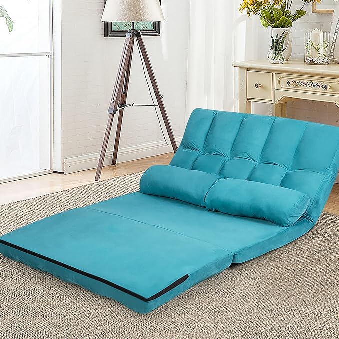 DORTALA Foldable Floor Sofa, 6-Position Adjustable Lounge Couch with 2 Pillows & Suede Cloth Cover, Modern Lounge Mattress Video Gaming Lazy Couch, Suede Floor Seating Sofa, 71" x 44.5", Blue
