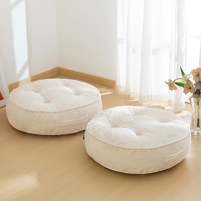 6" Washable Floor Pillow Cushion for Adults, Meditation Cushion Pillow, Large Round Floor Sitting, Removable Tufted Corduroy Cover, for Tatami Living Room or Yoga, 22x22 Inch, 2Pack, Machine Washable