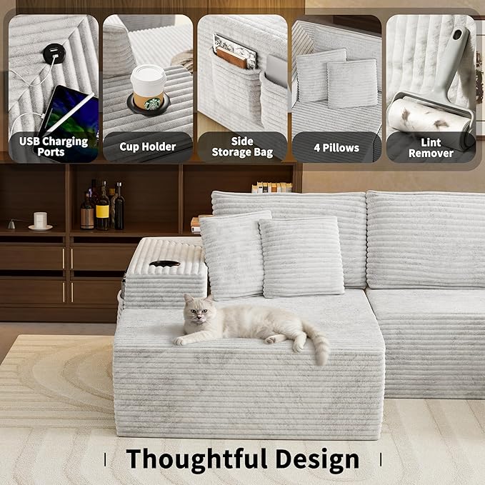 Cibert 104.3" Modular Sectional Sofa, Beige Boneless Couch Left Chaise L Shaped Couch with USB Ports, 2 Cup Holders, 2 Side Storage Bags & Lint Remover, No Assembly Sectional Couches for Living Room