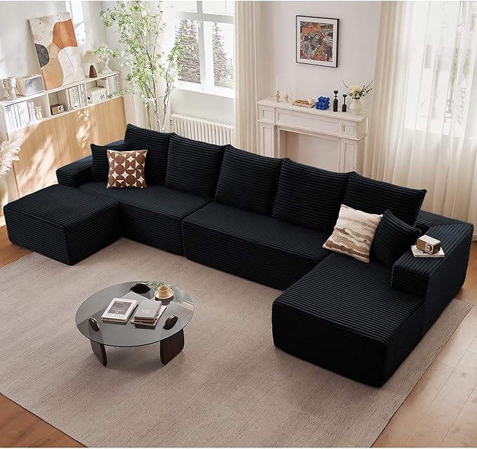 Lakifun 166.9" U-Shape Cloud Couch, Modern Modular Sectional Comfy L-Shape Sofa with Ottoman, Deep Seat, Upholstered Corduroy Sleeper Chaise Longue for Living Room Bedroom, No Assembly Required, Black