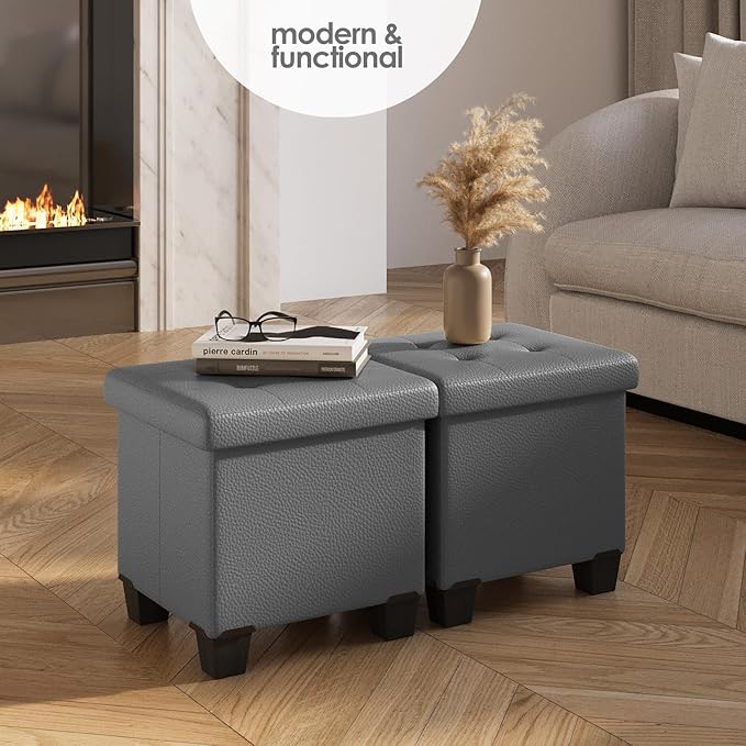 Storage Ottoman Cube with Small Bin, 16-in Square Ottoman with Storage for Living Room and Bedroom, Small Ottomans Foot Rest, Faux Leather Foot Stools Ottomans Max 330lbs, Grey