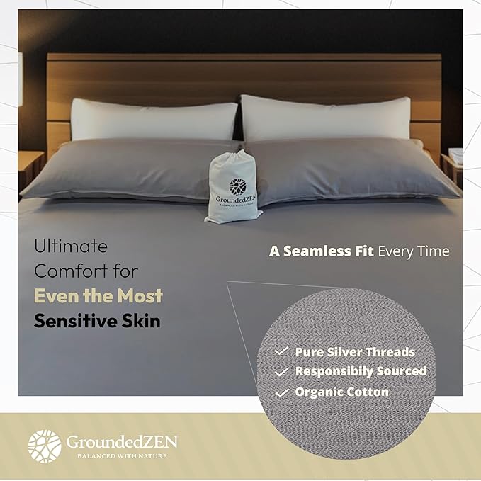 Premium Quality Fitted Grounding Sheets - Organic Cotton with Conductive Silver Threads. Grounding Cord Included Kit. Earth Well Connected Sheet. 80 x 60 x 12 inches Queen Size Bed. (Queen)