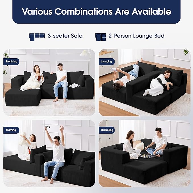 KINGYES 135'' Modular Sectional U Shaped Sofa, Upholstered Corduroy Boneless Couch Cloud Couch for Living Room, Black