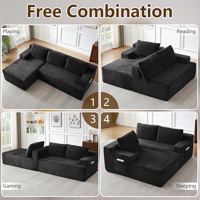 96.1" Modular Sectional Sofa Couches L-Shape Couch 3 Seat Modular Sofa Corduroy Memory Foam Sectional Boneless Couches for Living Room, Cloud Couch with Oversized Chaise(Black, Left Facing)