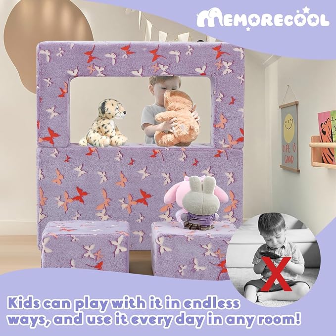 MeMoreCool Kids Modular Couch – Glow-in-The-Dark Butterfly Foam Sofa Bed, Lavender Convertible Toddler/Youth Playroom Sofa-to-Bed