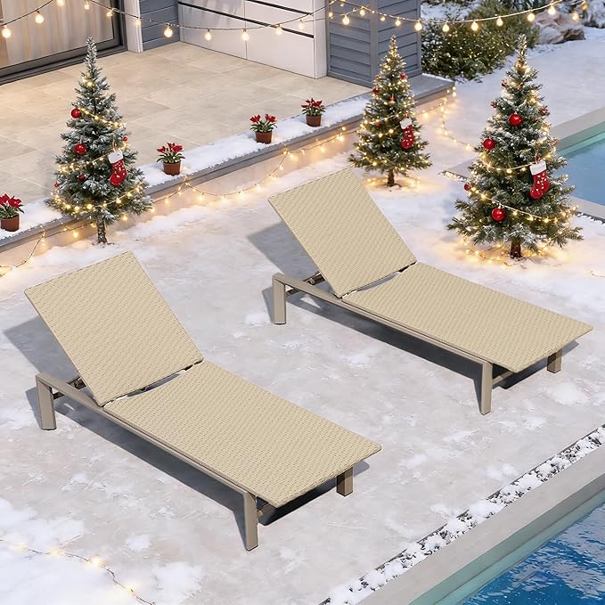 PURPLE LEAF Oversize Patio Wicker Chaise Lounge 2 Piece, Aluminum Outdoor Pool Lounge Chair with Adjustment Backrest, Breathable Lounger Sunbath Tanning Recliner for Poolside, Garden, Khaki
