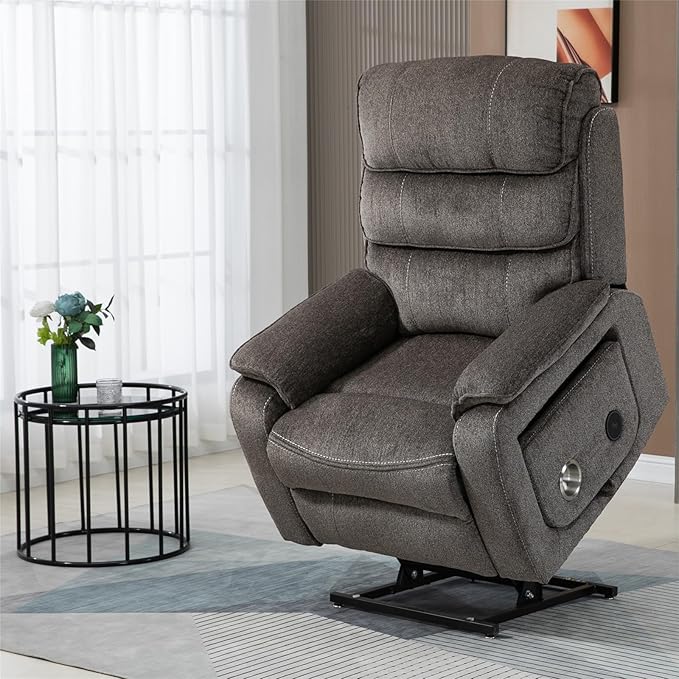 Large Recliner Chair for Elderly | 6ft Tall and Big Man 400lbs | Chenille | Power Lift, Lay Flat, Stand Up, Wireless Charging Device, Extended Footrest, Massage Heat, Cup Holder, Lumbar Pillow