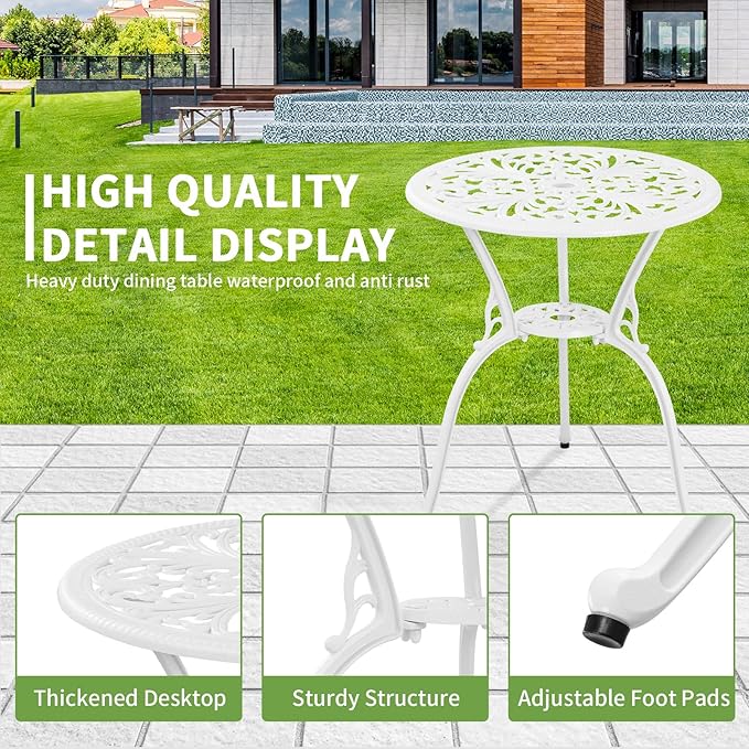 Withniture Bistro Set 3 Piece Outdoor Cast Aluminum Patio Bistro Set with Umbrella Hole, All Weather Bistro Table and Chairs Set, Small Patio Furniture Set for Garden, Porch,White