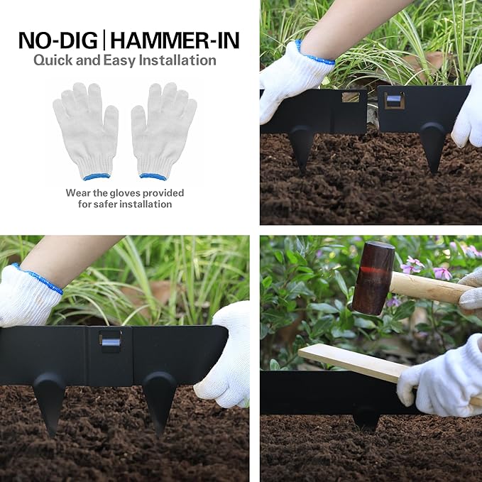 Worth Garden 10-Pack (34Ft Total) Galvanized Steel Landscape Lawn Edging - 6 in. H Bendable Metal Strips - Hammer-in 18-Gauge Flexible Black Edging Border - Yard Pathway Divider - Buckle Connection