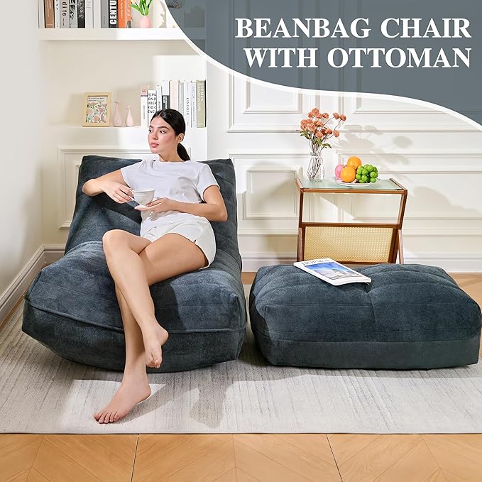 Cvortll Bean Bag Chair with Ottoman, Comfy Bean Bag Sofa with Memory Foam, Lazy BeanBag Sofa with Footstool, Fireside Bean Bag Couch for Living Room, Bedroom, Apartment (Blue Gray)