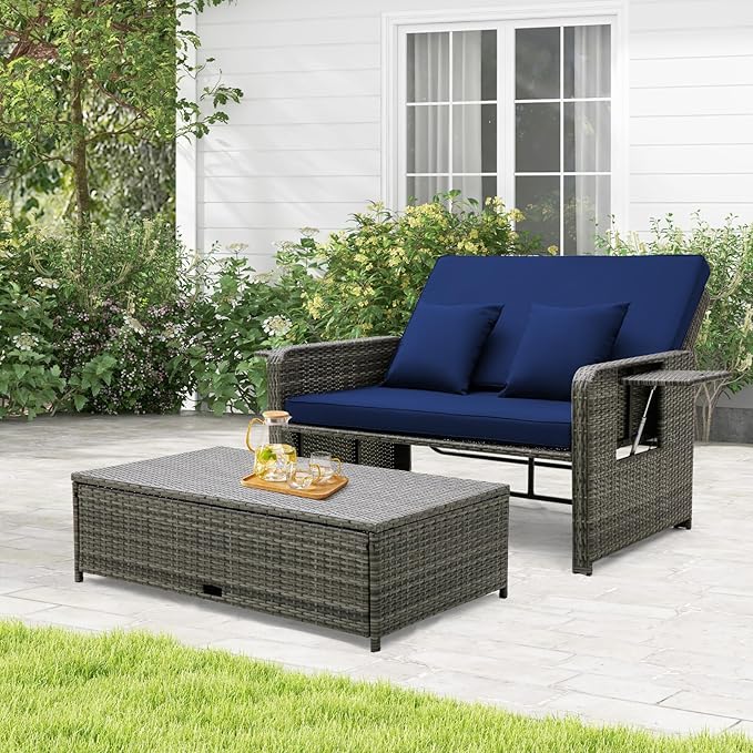 RELAX4LIFE Wicker Patio Outdoor Daybed - Rattan Day Bed Lounger with Loveseat & Storage Ottoman, Sunbed Sofa Set w/Cushions, 4-Level Adjustable Backrest & 2 Retractable Trays, Patio Daybed (Navy-Grey)