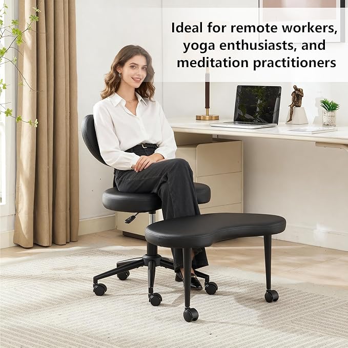 Meditation Chair with Lumbar Support,360° Swivel Cross Legged Chair with Wheels, Ergonomic Cross Legged Office Chair for Adults with ADHD, Height-Adjustable Yoga Chair, PU Leather, Ivory