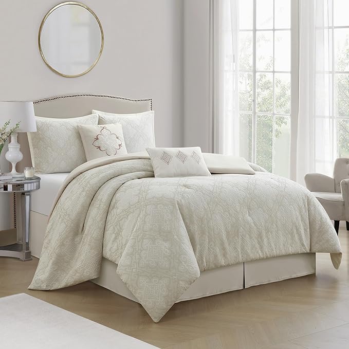 Grand Avenue 6 Piece Cotton White Comforter Set, California King Size Jacquard Bedding Set, All Season Geometric Bedding, Matching Pillows, Shams, Bed Skirt