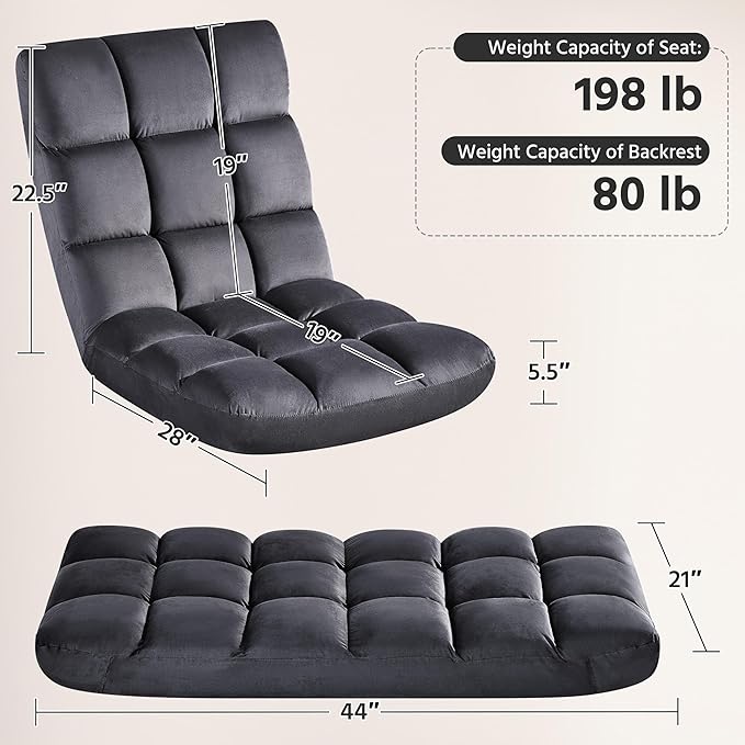 Yaheetech Floor Folding Chair with Back Support, Padded Folding Gaming Sofa Chair with 14 Adjustable Backrest, Adults Couch Recliner, Floor Seating Lounge Chair, Armless Meditation Chair, Gray