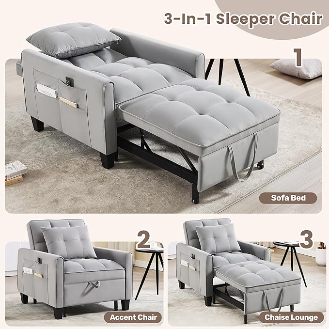 choairy Convertible Sleeper Chair, 3 in 1 Sleeper Chair Bed Pull Out Sofa Bed Chairs, Velvet Single Sofa Beds with Adjustable Backrest for Adults Reading Living Room, Bedroom, Light Grey