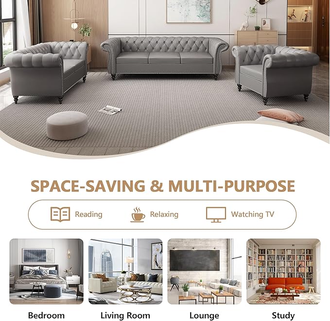 QHITTY Accent Large Sofa, Chesterfield Couch 3 Seater Modern Leather Couch Upholstered Sofa with Tufted Back for Living Room Furniture (Grey)