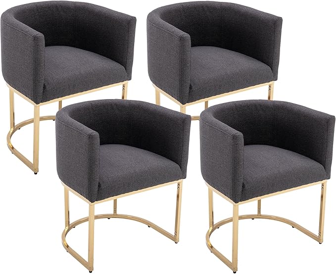 VESCASA Linen Upholstered Dining Chairs with Barrel Back, Mid Century Modern Padded Restaurant Chairs with Gold Metal Frame for Kitchen, Dining Room, Set of 4, Charcoal