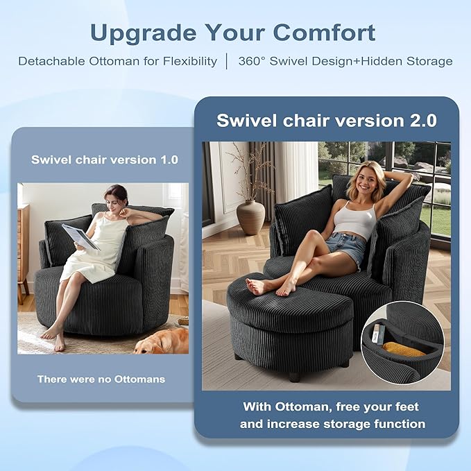Chorlenimi Swivel Accent Chair Round Barrel Armchair Upholstered Living Room Chair Corduroy Reading Chair Single Sofa Chair for Bedroom Apartment Office (Black, Standard 1Seater+ Ottoman)
