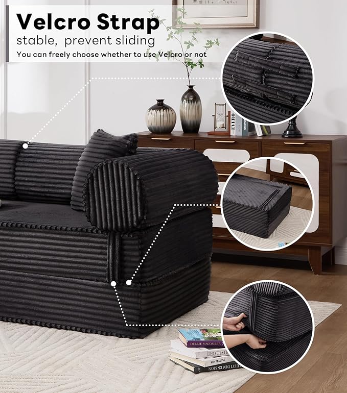 Tbfit 63'' Folding Boneless Couch, Convertible Loveseat Sofa Bed, Corduroy Futon Mattress Sleeper Sofa, Comfy Foldable Upholstered Floor Couches for Living Room, Black