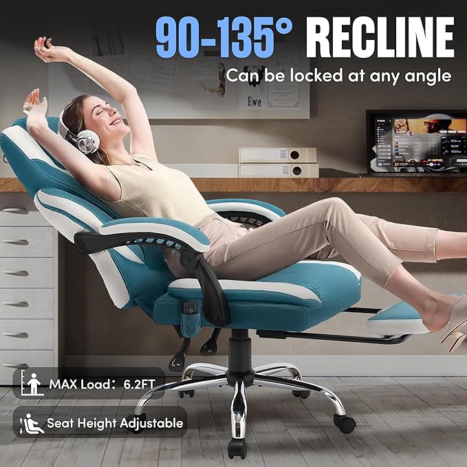 Massage Office Chair with Footrest,6-Point Vibration and Heat Executive Office Chairs,Ergonomic Desk Chair for Heavy People,500LBS Big and Tall Fabric Office Chair,Reclining Managerial Chair,Bluewhite