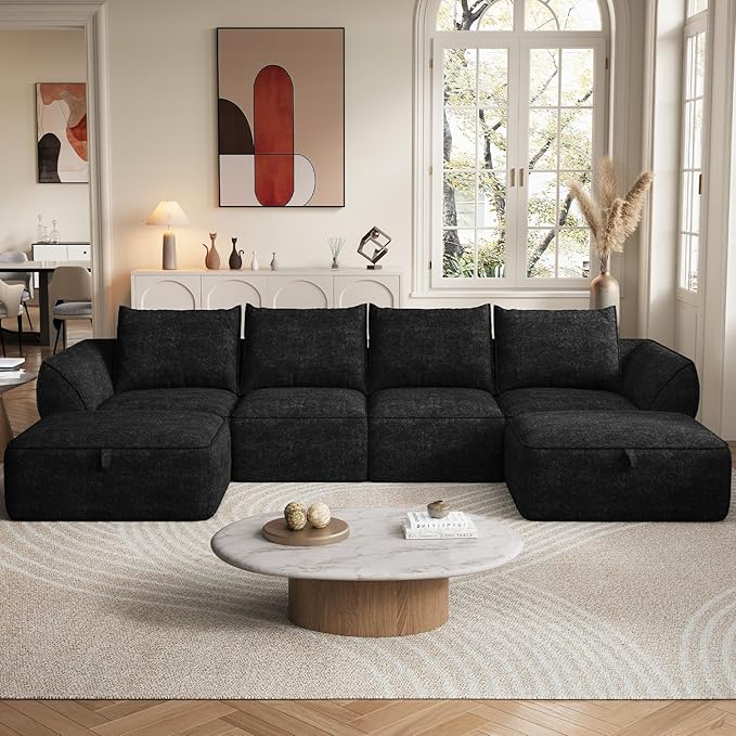 132" Modular Sectional Sofa with Deep Seat, U-Shaped Cloud Couch for Living Room, 4-Seater Boneless Sofa with 2 Ottomans, Flexible Combination Upholstery Sofa, No Assembly Required, Graphite Black