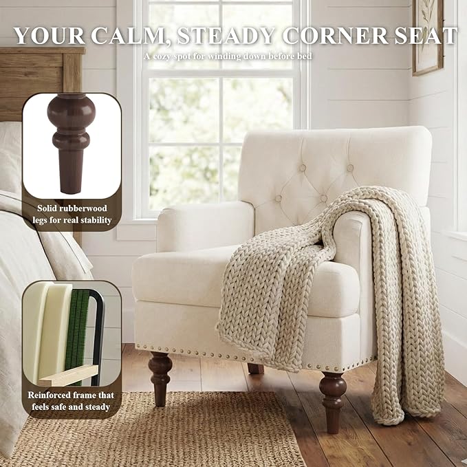 Upholstered Accent Chair with Thick Cushion, High Back Reading Chair, Linen Blend Armchair with Solid Rubberwood Legs for Living Room, Bedroom, Reading, Apartment & Small Spaces,Beige,Set of 2
