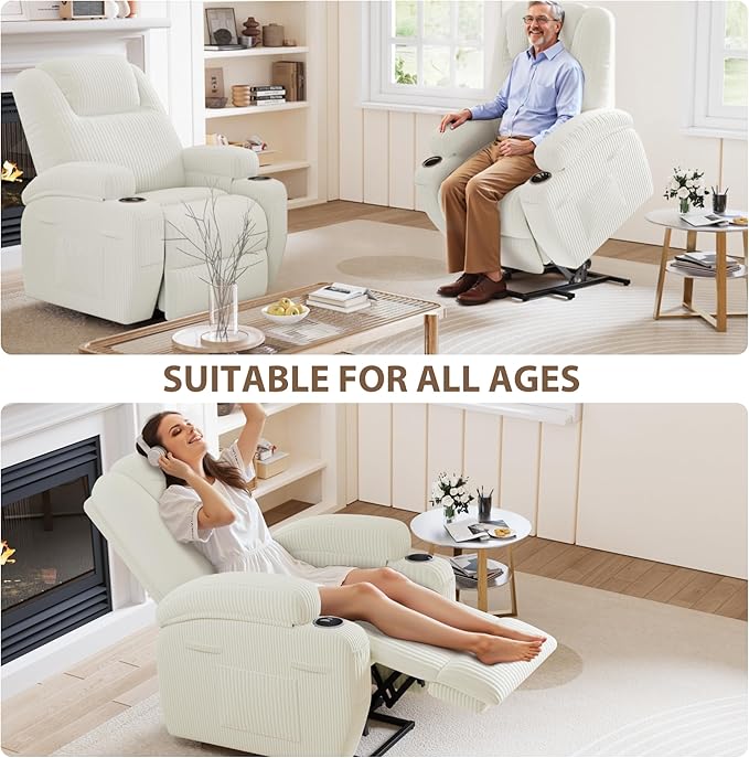Flamaker Power Lift Chair Massage Recliner Chairs for Elderly, Corduroy Ergonomic Design with Cup Holders & Side Pockets, Remote Control (White)